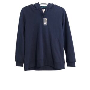 New Lands End Serious Sweats Womens Hoodie Small‎ Henley Pullover Navy Blue Top